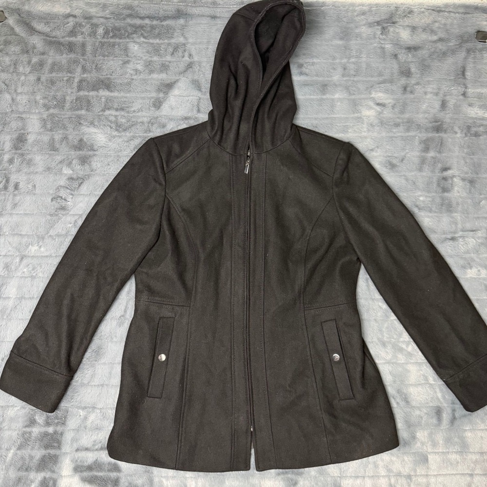 London Fog Womens Black Wool Blend Hooded Zip Front Coat Jacket Size Large